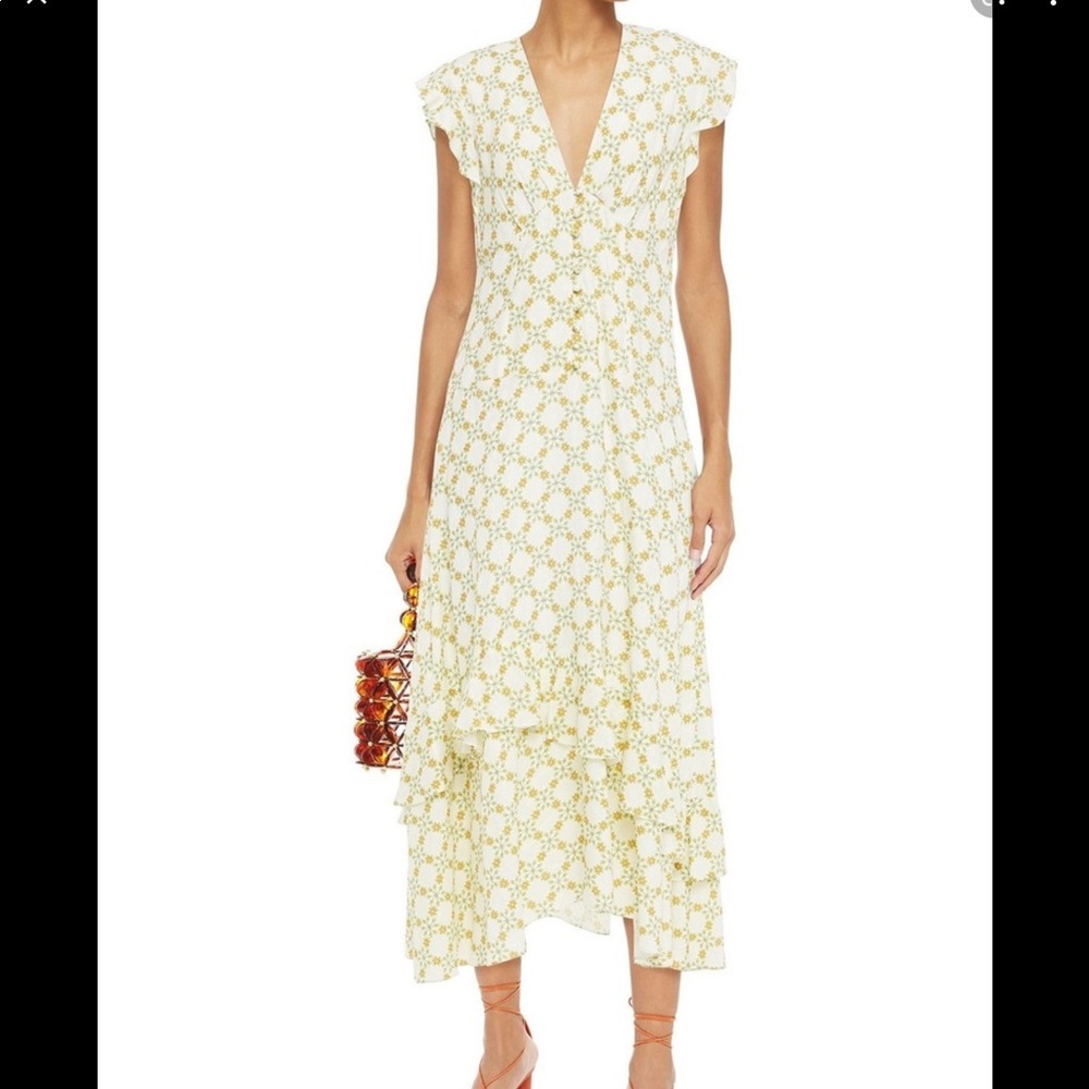 SANDRO Mally Ruffled Floral Print Jacquard Midi Dress Size 34 / US 2 #T9